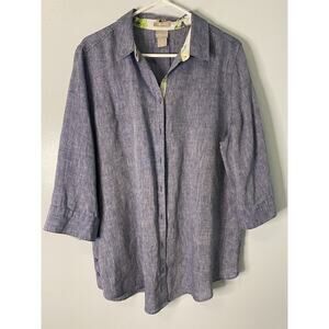 Chico’s Size 3 Blue No Iron Linen Button Up Shirt Tunic Scenic Cuffs Women’s XL